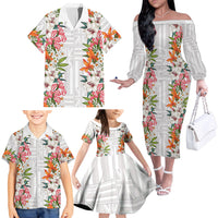 Hawaii Tropical Twist Lei Family Matching Off The Shoulder Long Sleeve Dress and Hawaiian Shirt Hawaiian Flag Motif