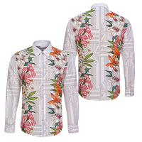 Hawaii Tropical Twist Lei Family Matching Off The Shoulder Long Sleeve Dress and Hawaiian Shirt Hawaiian Flag Motif LT9 Dad's Shirt - Long Sleeve White - Polynesian Pride