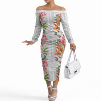 Hawaii Tropical Twist Lei Off The Shoulder Long Sleeve Dress Hawaiian Flag Motif LT9 Women White - Polynesian Pride