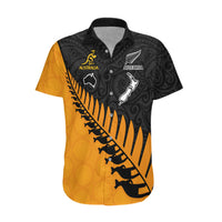 Custom Australia Wallabies and Aotearoa Rugby Hawaiian Shirt Kangaroo Black Fern Maori Gold Vibe LT9 Gold - Polynesian Pride