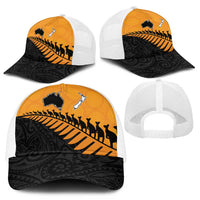 Australia New Zealand Rugby Mesh Trucker Cap Gold Aboriginal Wallabies and Maori Black Fern - Polynesian Pride