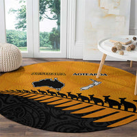 Australia New Zealand Rugby Round Carpet Gold Aboriginal Wallabies and Maori Black Fern - Polynesian Pride