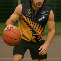 Australia New Zealand Rugby Custom Sleeveless Zip Hoodie Gold Aboriginal Wallabies and Maori Black Fern LT9 - Polynesian Pride