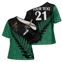 Australia New Zealand Rugby Cross Shoulder Shirt Green Aboriginal Wallabies and Maori Black Fern - Polynesian Pride