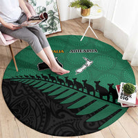 Australia New Zealand Rugby Round Carpet Green Aboriginal Wallabies and Maori Black Fern - Polynesian Pride