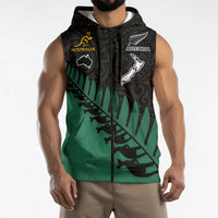 Australia New Zealand Rugby Custom Sleeveless Zip Hoodie Green Aboriginal Wallabies and Maori Black Fern LT9 - Polynesian Pride