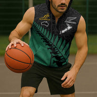 Australia New Zealand Rugby Custom Sleeveless Zip Hoodie Green Aboriginal Wallabies and Maori Black Fern LT9 - Polynesian Pride