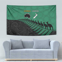 Australia New Zealand Rugby Tapestry Green Aboriginal Wallabies and Maori Black Fern - Polynesian Pride