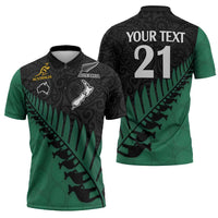 Australia New Zealand Rugby Zipper Polo Shirt Green Aboriginal Wallabies and Maori Black Fern - Polynesian Pride