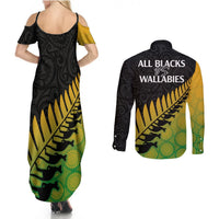 Australia Wallabies and Aotearoa Rugby Couples Matching Summer Maxi Dress and Long Sleeve Button Shirts Kangaroo Black Fern Maori Gradient Vibe LT9 - Polynesian Pride