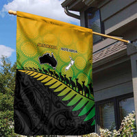 Australia New Zealand Rugby Garden Flag Gradient Aboriginal Wallabies and Maori Black Fern - Polynesian Pride