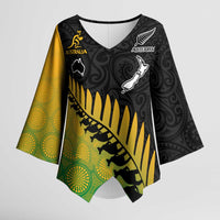 Australia New Zealand Rugby Kimono Sleeve Blouse Gradient Aboriginal Wallabies and Maori Black Fern - Polynesian Pride