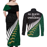 South Africa and Aotearoa Rugby Couples Matching Off Shoulder Maxi Dress and Long Sleeve Button Shirts Springboks Black Fern Maori Vibe LT9 - Polynesian Pride