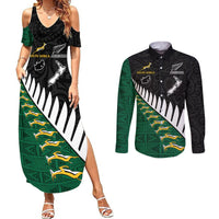 South Africa and Aotearoa Rugby Couples Matching Summer Maxi Dress and Long Sleeve Button Shirts Springboks Black Fern Maori Vibe LT9 Black - Polynesian Pride