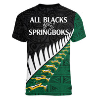 South Africa and Aotearoa Rugby Women V Neck T Shirt Springboks Black Fern Maori Vibe LT9 - Polynesian Pride