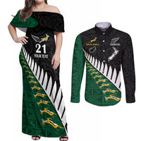 Custom South Africa and Aotearoa Rugby Couples Matching Off Shoulder Maxi Dress and Long Sleeve Button Shirts Springboks Black Fern Maori Vibe LT9 Black - Polynesian Pride