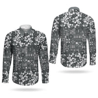 Black Hawaiian Tapa Tribal Hibiscus Couples Matching Long Sleeve Bodycon Dress and Long Sleeve Button Shirt