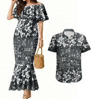Black Hawaiian Tapa Tribal Hibiscus Couples Matching Mermaid Dress and Hawaiian Shirt