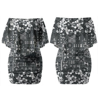 Black Hawaiian Tapa Tribal Hibiscus Couples Matching Off Shoulder Short Dress and Hawaiian Shirt