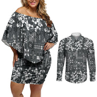 Black Hawaiian Tapa Tribal Hibiscus Couples Matching Off Shoulder Short Dress and Long Sleeve Button Shirt