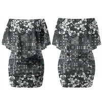 Black Hawaiian Tapa Tribal Hibiscus Family Matching Off Shoulder Short Dress and Hawaiian Shirt