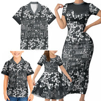 Black Hawaiian Tapa Tribal Hibiscus Family Matching Short Sleeve Bodycon Dress and Hawaiian Shirt