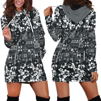Black Hawaiian Tapa Tribal Hibiscus Hoodie Dress