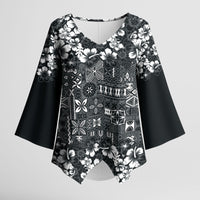 Black Hawaiian Tapa Tribal Hibiscus Kimono Sleeve Blouse