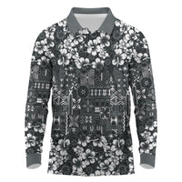 Black Hawaiian Tapa Tribal Hibiscus Long Sleeve Polo Shirt