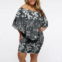 Black Hawaiian Tapa Tribal Hibiscus Off Shoulder Short Dress