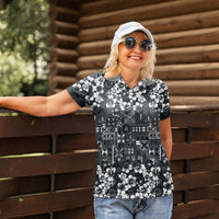 Black Hawaiian Tapa Tribal Hibiscus Women Polo Shirt