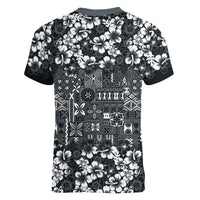Black Hawaiian Tapa Tribal Hibiscus Women V-Neck T-Shirt
