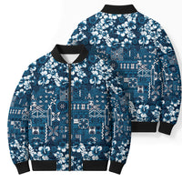Blue Hawaiian Tapa Tribal Hibiscus Bomber Puffer Jacket