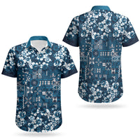Blue Hawaiian Tapa Tribal Hibiscus Couples Matching Long Sleeve Bodycon Dress and Hawaiian Shirt