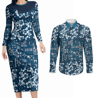 Blue Hawaiian Tapa Tribal Hibiscus Couples Matching Long Sleeve Bodycon Dress and Long Sleeve Button Shirt