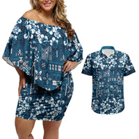 Blue Hawaiian Tapa Tribal Hibiscus Couples Matching Off Shoulder Short Dress and Hawaiian Shirt