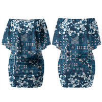 Blue Hawaiian Tapa Tribal Hibiscus Couples Matching Off Shoulder Short Dress and Hawaiian Shirt