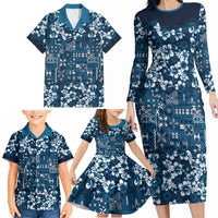 Blue Hawaiian Tapa Tribal Hibiscus Family Matching Long Sleeve Bodycon Dress and Hawaiian Shirt