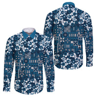 Blue Hawaiian Tapa Tribal Hibiscus Family Matching Long Sleeve Bodycon Dress and Hawaiian Shirt