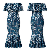 Blue Hawaiian Tapa Tribal Hibiscus Family Matching Mermaid Dress and Hawaiian Shirt