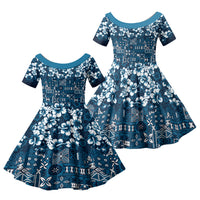 Blue Hawaiian Tapa Tribal Hibiscus Family Matching Off The Shoulder Long Sleeve Dress and Hawaiian Shirt