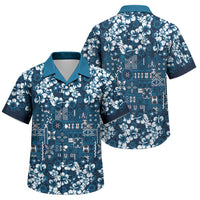 Blue Hawaiian Tapa Tribal Hibiscus Family Matching Off The Shoulder Long Sleeve Dress and Hawaiian Shirt