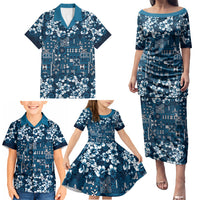 Blue Hawaiian Tapa Tribal Hibiscus Family Matching Puletasi and Hawaiian Shirt