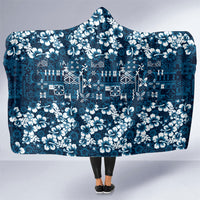 Blue Hawaiian Tapa Tribal Hibiscus Hooded Blanket