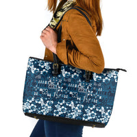 Blue Hawaiian Tapa Tribal Hibiscus Leather Tote Bag