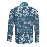 Blue Hawaiian Tapa Tribal Hibiscus Long Sleeve Button Shirt