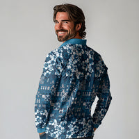 Blue Hawaiian Tapa Tribal Hibiscus Long Sleeve Polo Shirt
