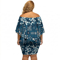 Blue Hawaiian Tapa Tribal Hibiscus Off Shoulder Short Dress