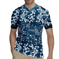Blue Hawaiian Tapa Tribal Hibiscus Rugby Jersey