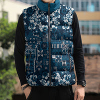 Blue Hawaiian Tapa Tribal Hibiscus Sleeveless Puffer Jacket